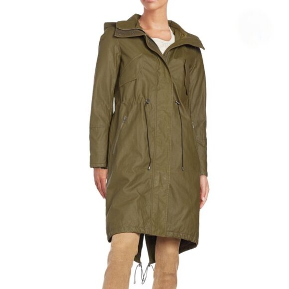 Alice + Olivia Coated Long Parka Coat Hood Sz M Green Cabincore Fisherman - Picture 1 of 14